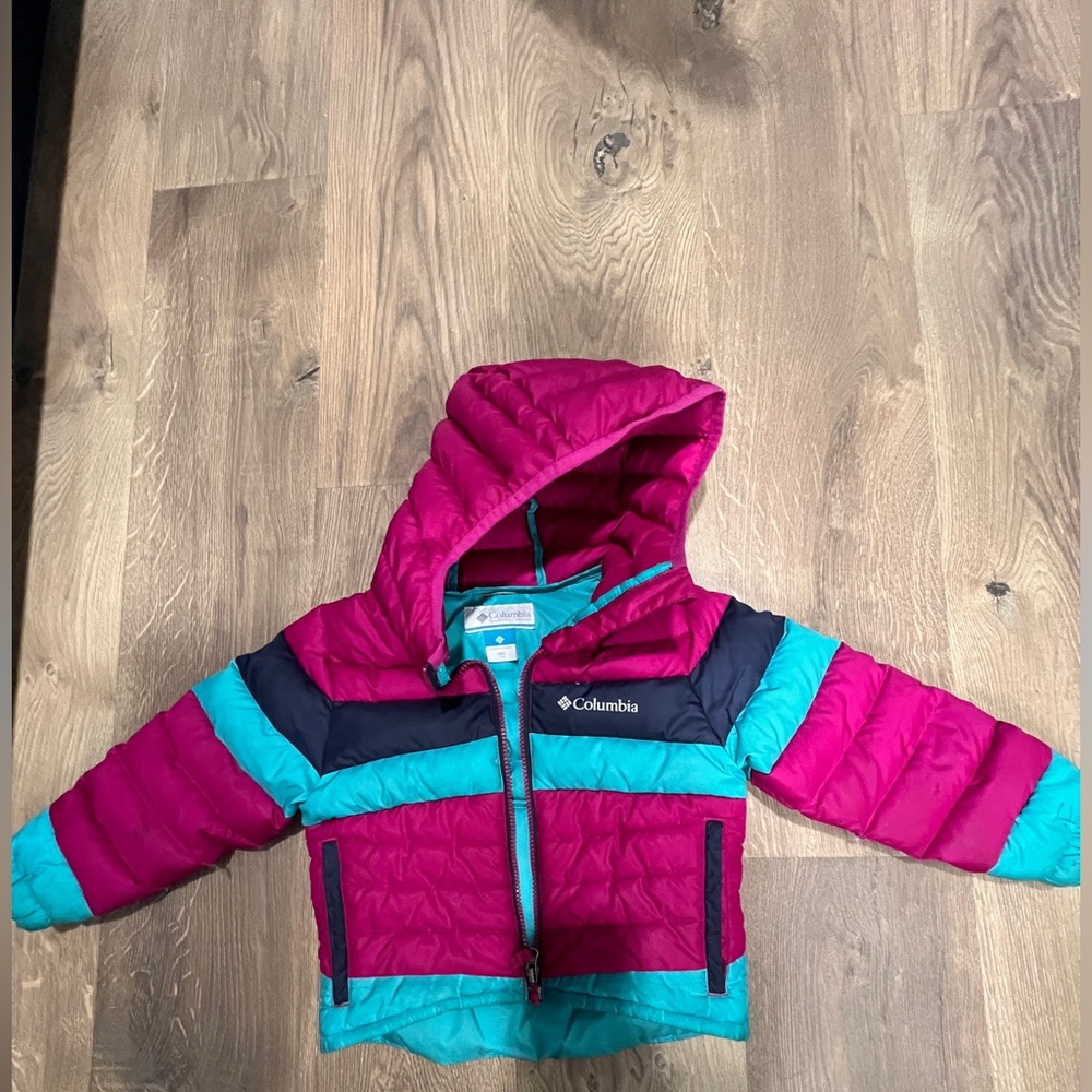 Columbia Pink/Teal Hooded Down Puffer Jacket